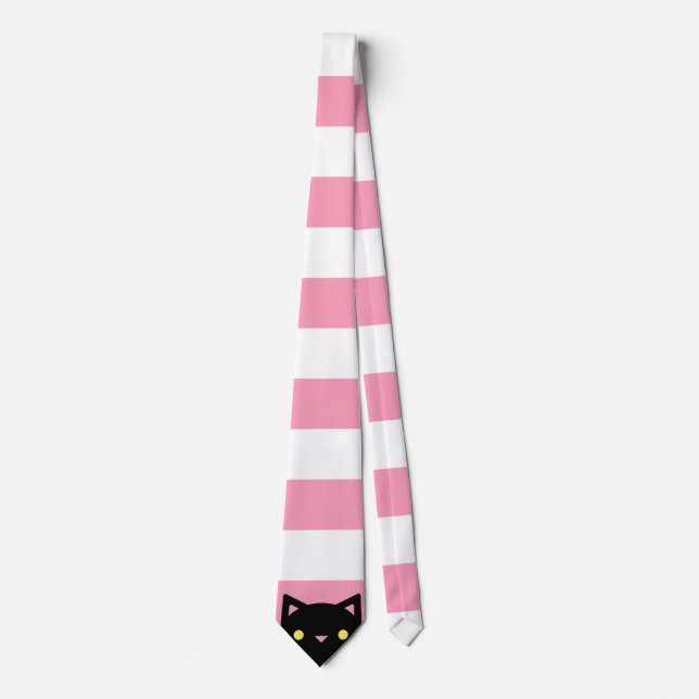Neugierige schwarze Katze | Stripes rosa | u. Weiß Krawatte (Vorderseite)