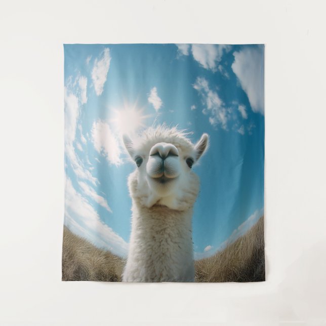 Neugieriger Alpaca unter der Sonne Wandteppich (Vorderseite)