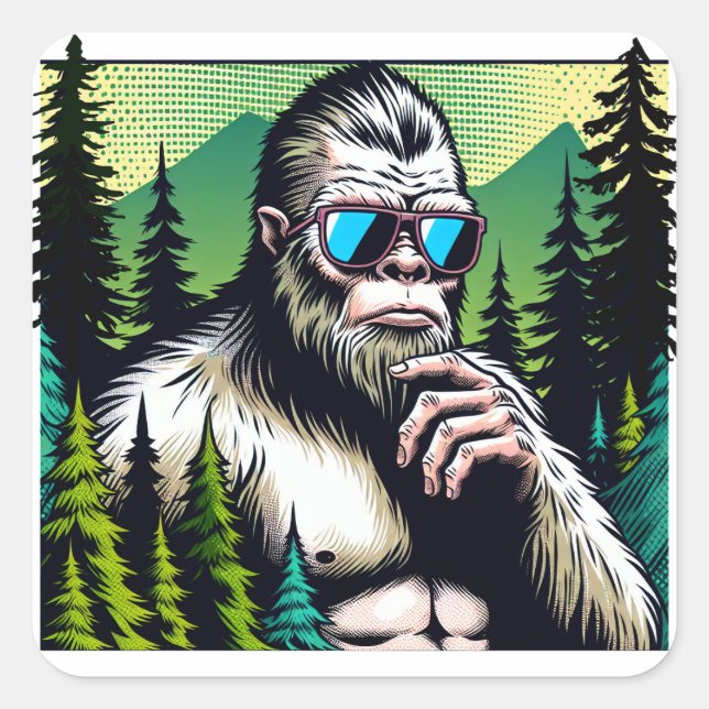 Neugieriger Bigfoot mit Sonnenbrille Verstecken in Quadratischer Aufkleber (Vorderseite)