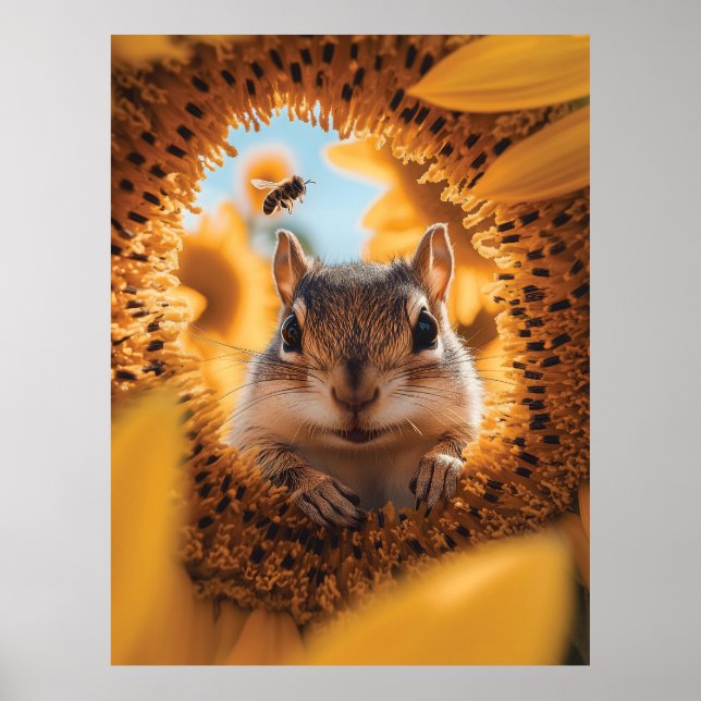 Neugieriger Chipmunk-Ping durch gegessen Sonnenblu Poster (Vorne)