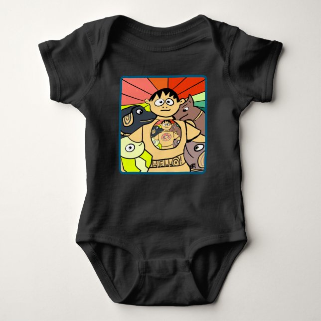 Neugieriger Junge und seine Whimsiktiere Baby Strampler (Vorderseite)