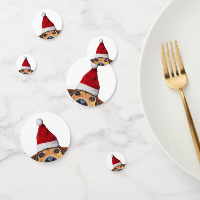 Neugieriger Niedlicher Hund mit Weihnachtsmannmütz Konfetti (Gruppe)