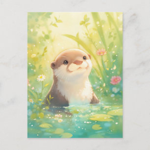 Neugieriger Otter im sonnigen Liliensumpf Postkarte
