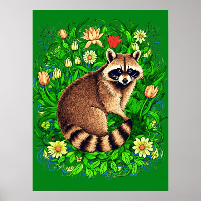 Neugieriger Raccoon im farbenfrohen Blumengarten Poster (Vorne)