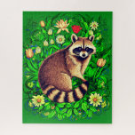 Neugieriger Raccoon im farbenfrohen Blumengarten Puzzle<br><div class="desc">Puzzle in einem Waschbär inmitten einer botanischen Kulisse üppiger Vegetation und blühender Blume wie Tulpen,  Gänseblüten und Lotusblüten. Das Fell des Raccoons ist fein strukturiert,  mit auffallenden schwarzen Gesichtsmarkierungen und einem verbandeten Schwanz.</div>