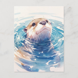 Neugieriger Wasserfarbenotter im blauen Wasser Postkarte