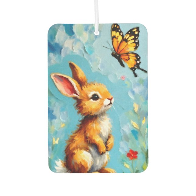 Neugieriges Kaninchen und Schmetterling Autolufterfrischer (Vorderseite)