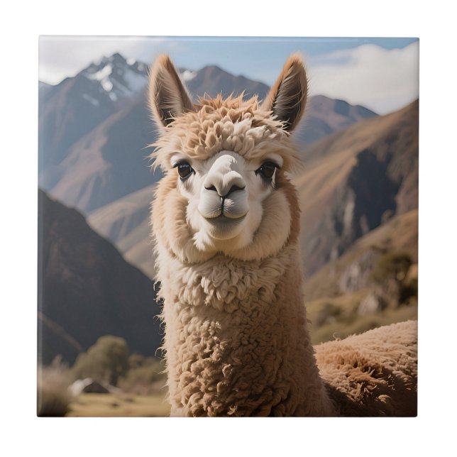 Neugieriges Lama-Bergporträt Fliese (Vorderseite)