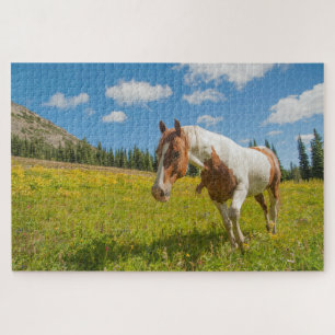 Neugieriges Pferd auf der Alp Wiese im Sommer Puzzle