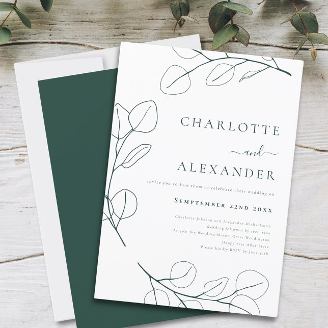 Neugrüner Eukalyptus Foliage Minimalistisch Einladung (Modern Simple leaf drawing dark green wedding invitation with elegant typography script )