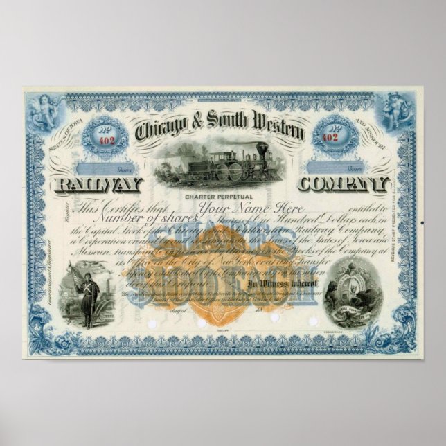 Neuheit: Chicago & South Western Stock Certificate Poster (Vorne)