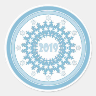 Neujahr 2019 Rahmen Snowflake blau weiß Runder Aufkleber