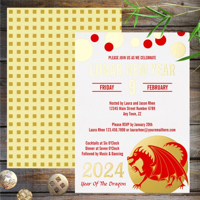 Neujahr 2024 Red Dragon Modern White Gold Folieneinladung (Von Creator hochgeladen)