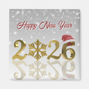 Neujahr 2026 Golden mit Schneeflocke und Santa-Hut Magnet