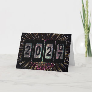 Neujahr 2026 Odometer und Feuerwerkskörper Feiertagskarte
