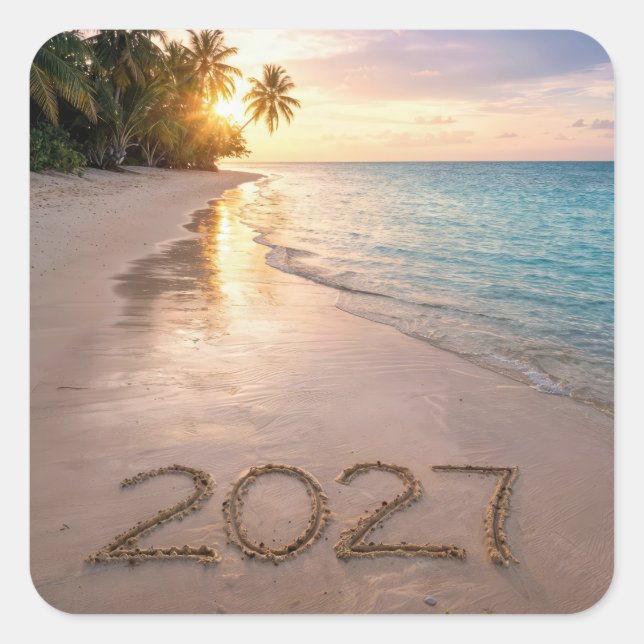 Neujahr 2026 Tropical Beach Quadratischer Aufkleber (Vorderseite)