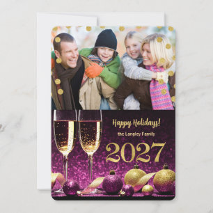Neujahr 2027 Lila und Gold Champagner Foto Feiertagskarte