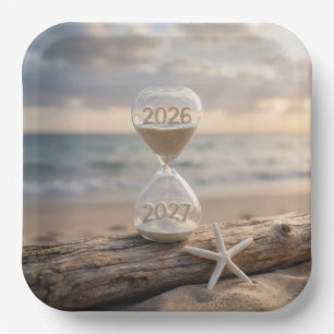 Neujahr 2027 Strand-Stundenglas Pappteller