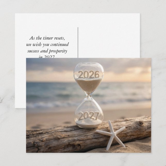 Neujahr 2027 Strand-Stundenglas Postkarte (Vorne/Hinten)