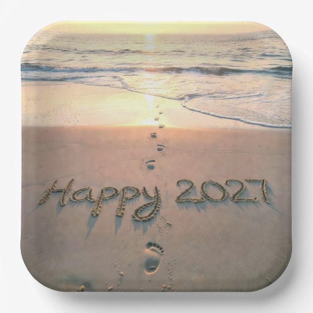 Neujahr 2027 Strandfußspuren Pappteller (Vorderseite)