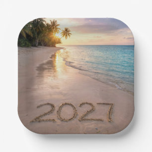 Neujahr 2027 Tropischer Strand Pappteller