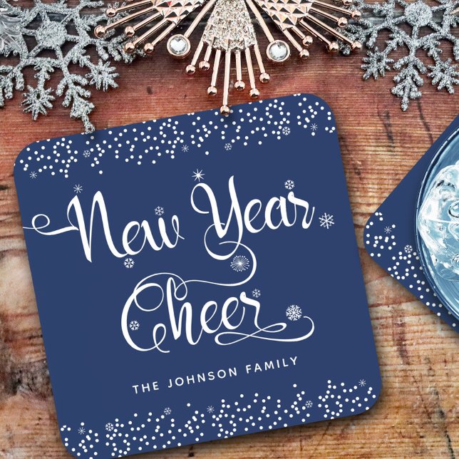 Neujahr Cheke White Script Snowflakes Navy Custom Getränkeuntersetzer (Von Creator hochgeladen)