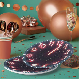 Neujahr Confetti über Neon Clock Pappteller