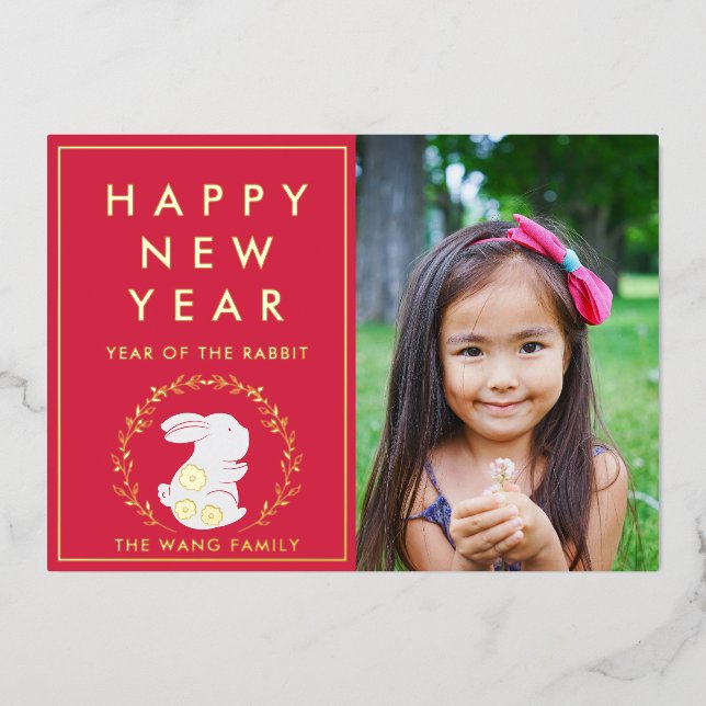 Neujahr des Kaninchen-Fotos Folieneinladung (Vorderseite)