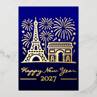 Neujahr Eiffelturm Paris Feuerwerk Frankreich Gold Folien Feiertagskarte