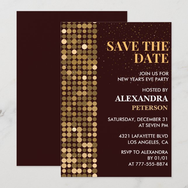 Neujahr - Einladung Save the Date Gold (Vorne/Hinten)