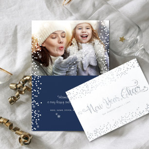 Neujahr Foto Snowflakes Script Navy Silver Folienkarte