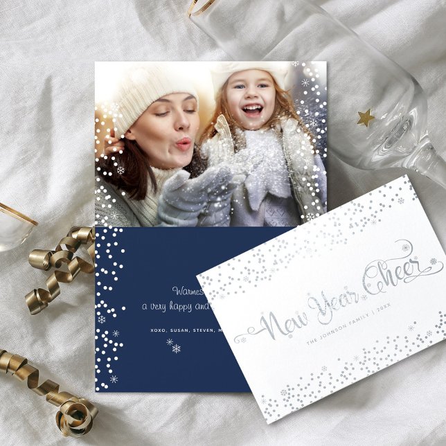 Neujahr Foto Snowflakes Script Navy Silver Folienkarte (Von Creator hochgeladen)