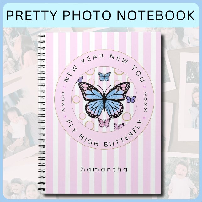 Neujahr Ihr Schmetterling Individuelle Name Jahr F Notizblock (New Year New You Pretty Pink and White Candy Striped Photo Notebook for all your precious memories!)