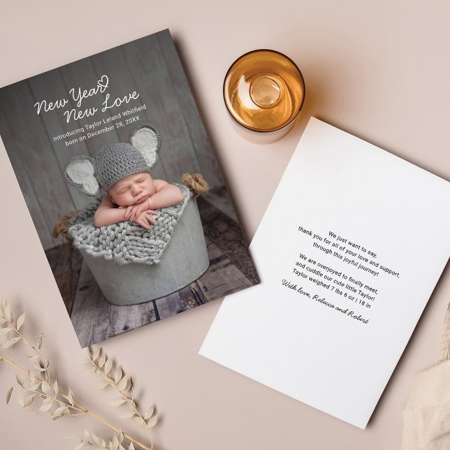 Neujahr Liebe Baby Foto Geburtsankündigung Mitteilungskarte (New Year Baby Birth Announcement Photo)