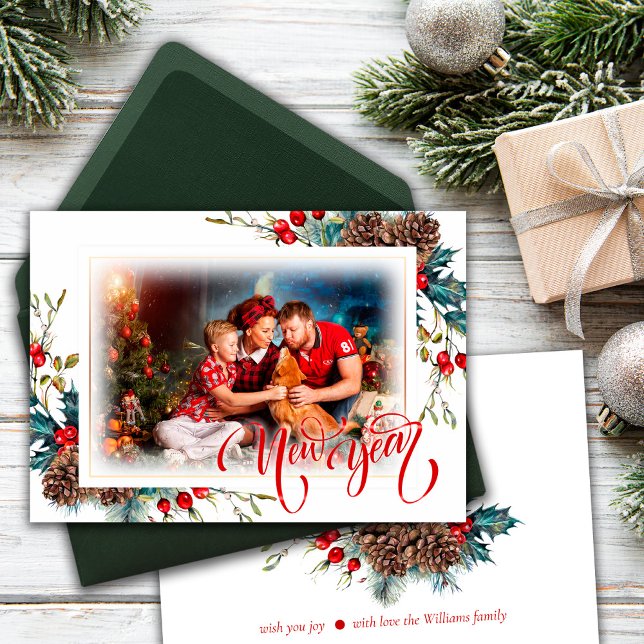 Neujahr mit Spruce Filialen Foto Grußkarte Ankündigung (Von Creator hochgeladen)