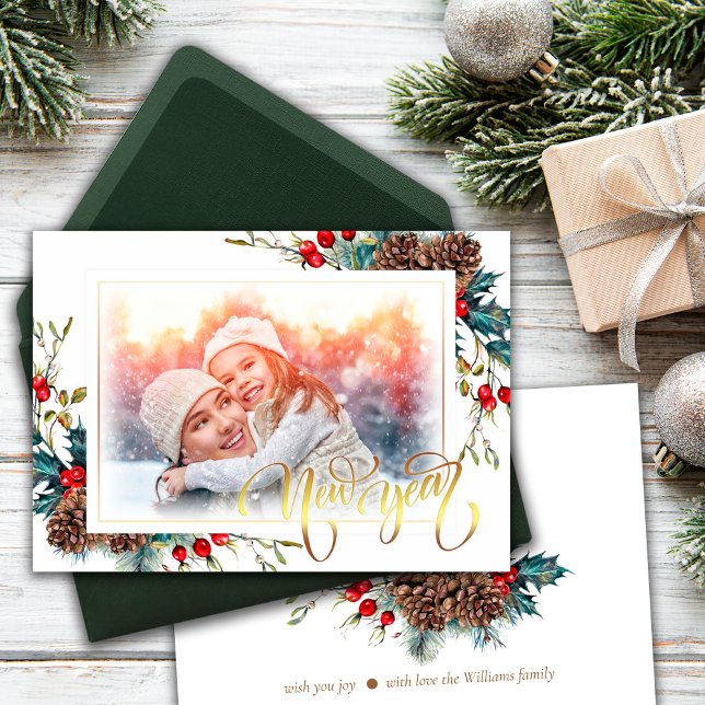 Neujahr mit Spruce Filialen Foto Grußkarte Ankündigung (Von Creator hochgeladen)