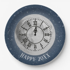 Neujahr Mitternacht Uhr auf dem Mond Pappteller