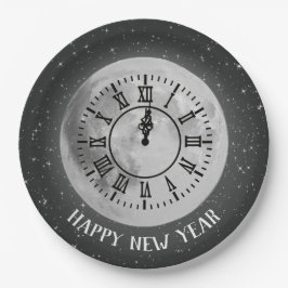 Neujahr Mitternacht Uhr auf dem Mond Pappteller