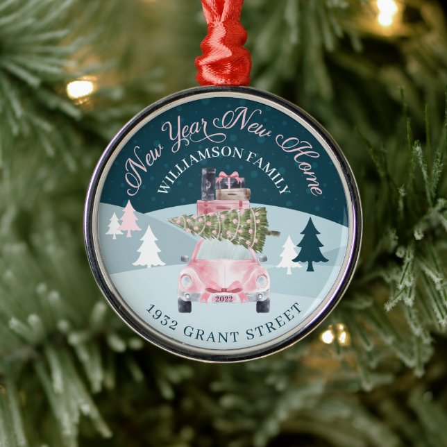 Neujahr Neuer Zuhause Rosa Retro Autoweihnachtsbau Ornament Aus Metall (Baum)