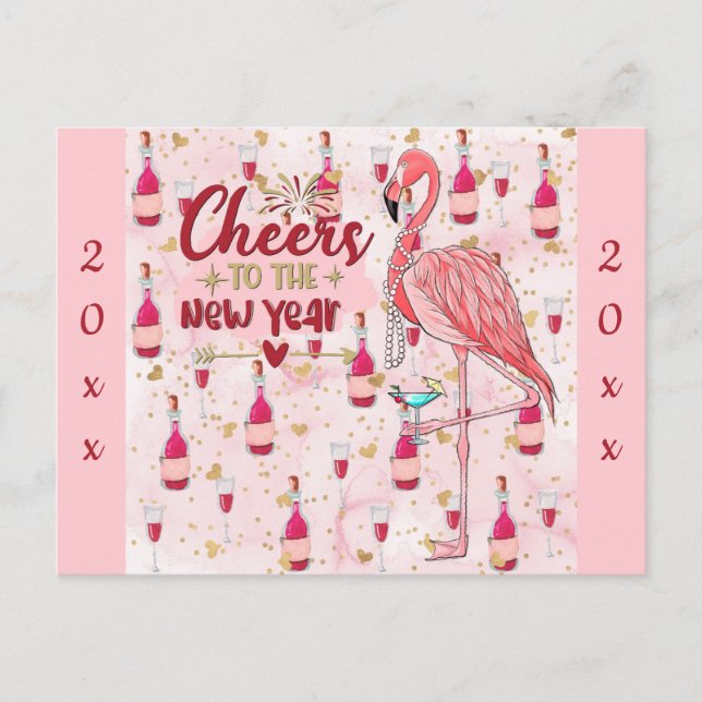Neujahr Niedlich rosa Flamingo Champagne Postkarte (Vorderseite)