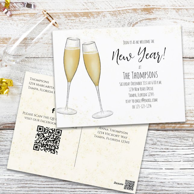 Neujahr Party Champagner QR Code voradressiert Postkarte (Von Creator hochgeladen)