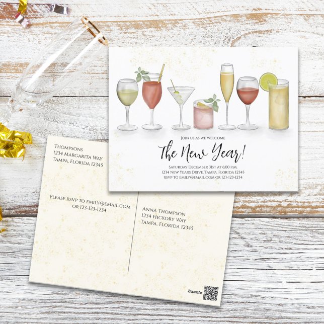 Neujahr Party Cocktails Aquarellfarben Voradressie Postkarte (Von Creator hochgeladen)