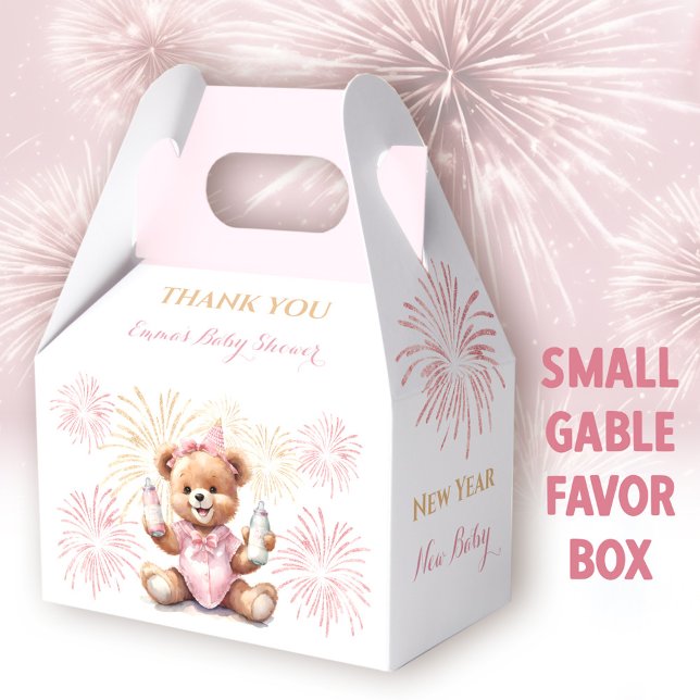 Neujahr Pink Girl Baby Showbox Geschenkschachtel (New Year Pink Bear Small Gable Favor Box -  You can choose from 3 sizes of these gable favor boxes)