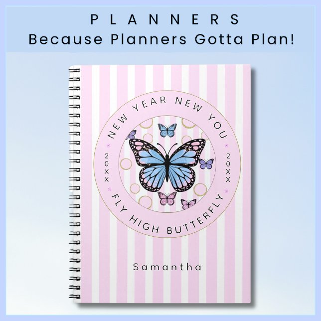 Neujahr: Schmetterlingsjahr Individuelle Name Planer (Pretty Custom Name Pink and White Candy Striped Planner with Motivational Message for the New Year!)