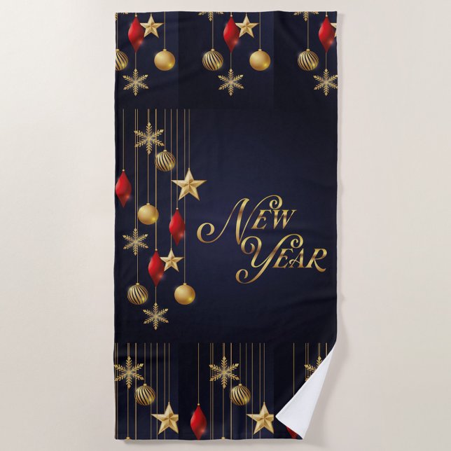 Neujahr Strandhandtuch (A dark blue towel with a New Year's design. )