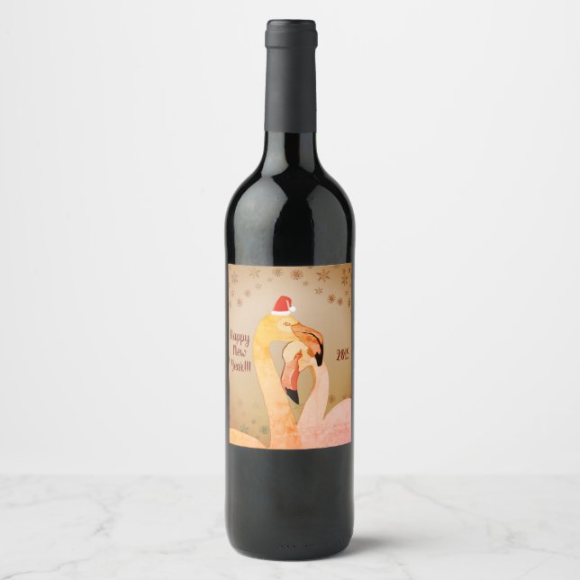Neujahr Weinkennzeichen Flamingo Vögel Weinetikett (Vorderseite)