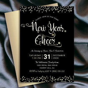 Neujahrs-Cheer-Script Party Chic Schwarz Echtgold Folieneinladung
