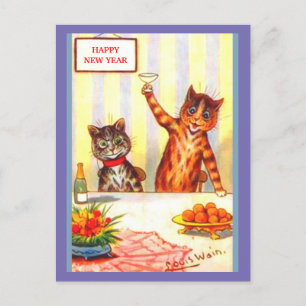 Neujahrs-Katzenhumor Vintage anthropomorphe Kunst Postkarte