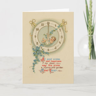 Neujahrsbaby Vintage-Uhr Feiertagskarte