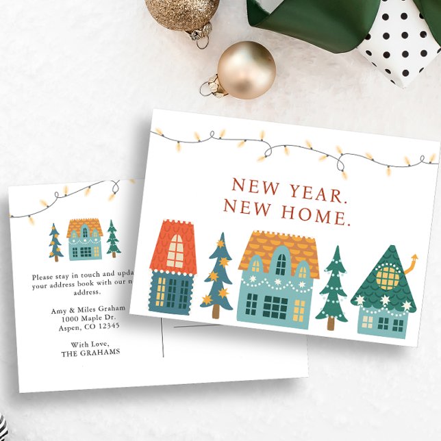 Neujahrsfeiertag Zuhause Postkarte (New Year New Home Postcard Holiday Retro Houses Christmas Card)